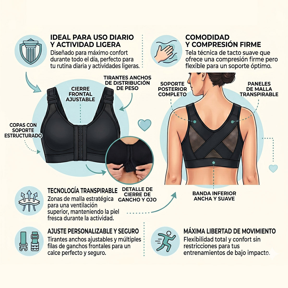 Top deportivo mujer brasier de alto impacto con cierre frontal