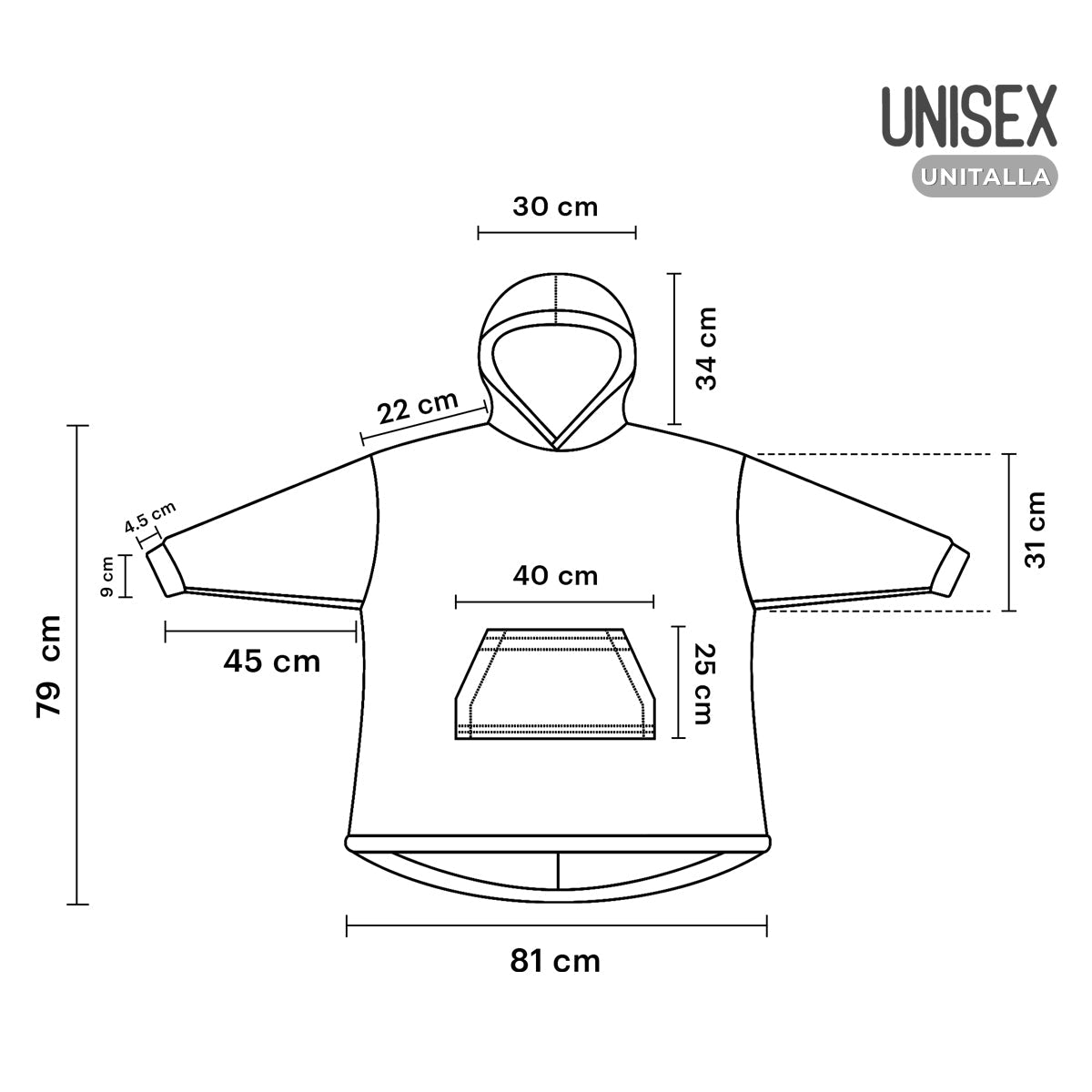 infografia de sudadera extendida con sus medidas 